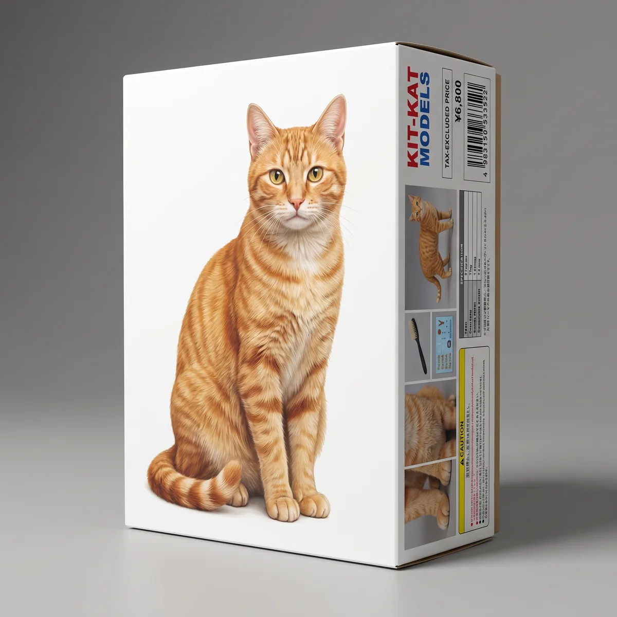 猫の写真をプラモデルの箱のパッケージに変換した生成画像。側面にスペック表と価格・バーコード