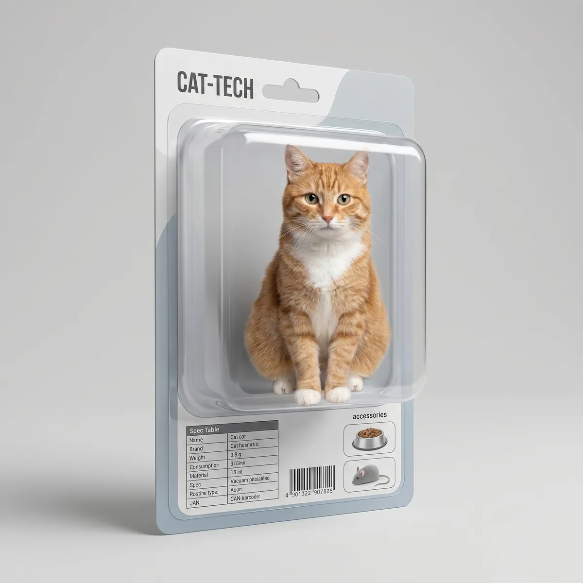 猫を透明ブリスターパッケージに封入した生成画像。台紙に付属品の餌皿とネズミ